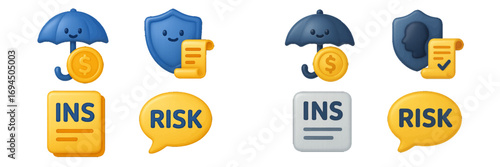 3D insurance icon set with umbrella, shield, policy, and risk symbols for financial protection and security concepts