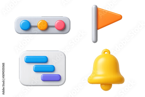 Modern 3D user interface icons for project management applications featuring a task list, progress tracker, milestone flag, and notification bell