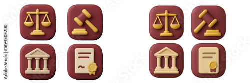 Modern law and justice icon collection featuring volumetric symbols like scales, a gavel, a courthouse, and a legal document