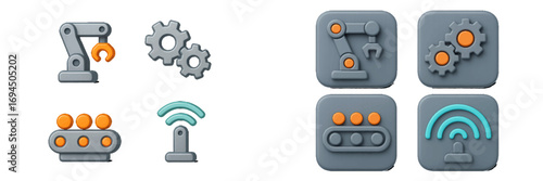 3D style industrial automation icon set with robotic arm, gears, conveyor belt, and wireless signal for technology and manufacturing concepts