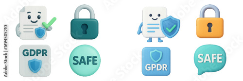 3D icon set for GDPR data protection and internet security with padlock, shield, and safe document symbols for privacy compliance