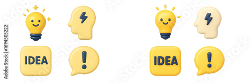 Collection of 3D style icons representing creativity and innovation including a smiling lightbulb, human head with a lightning bolt, and an exclamation mark speech bubble