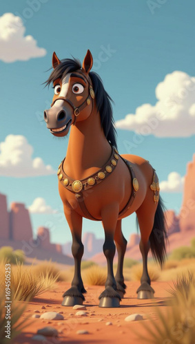 A cartoon horse on the sandy shores of a Sahara beach.