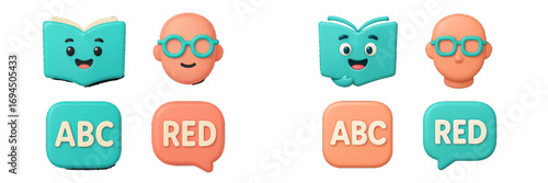 3D education icon set with cute book character, student with glasses, alphabet block, and speech bubble for learning apps