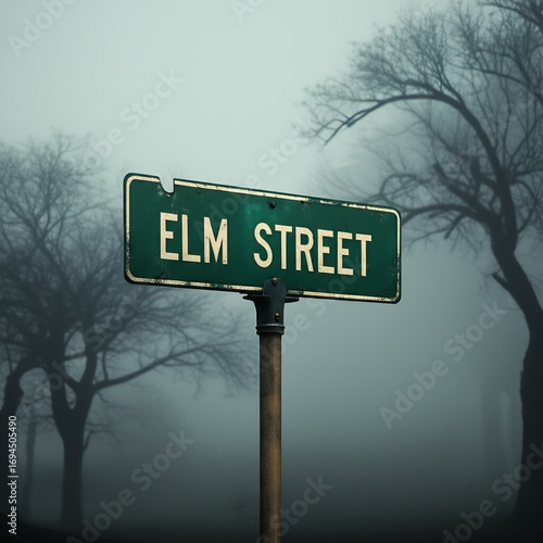 Elm Street sign shrouded in spooky, atmospheric fog, evoking a chilling nod to horror film suspense.