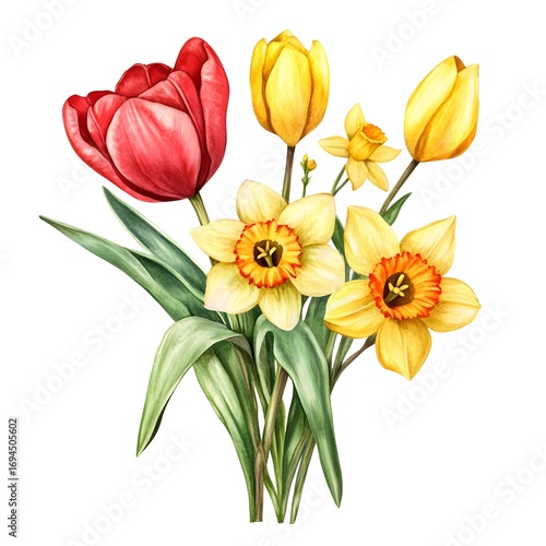 Wallpaper Mural Watercolor tulip and daffodil bouquet clipart, in yellow, red, and pink colors, on a white background, Torontodigital.ca