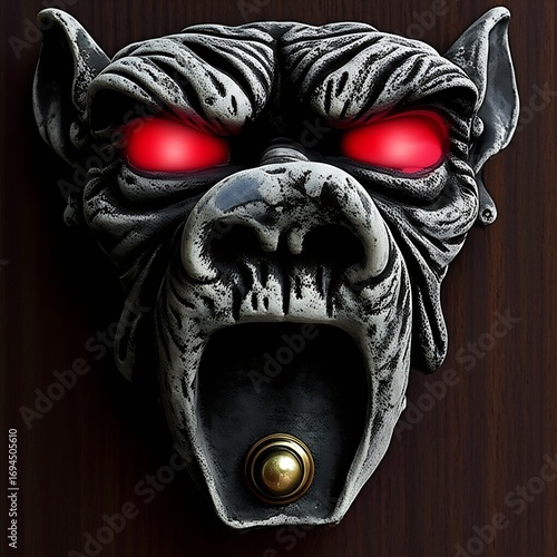 Ghoulish doorbell gargoyle or skull with eerie glowing eyes, a spooky Halloween decoration casting a sinister ambiance.