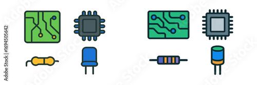 Set of various electronic components featuring circuit boards, microchips, resistors, and capacitors for technology