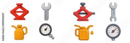 Automotive repair and maintenance tools set with car jack, wrench, oil can, and pressure gauge