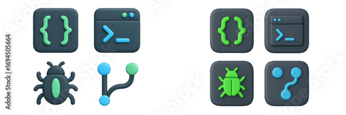 Set of modern 3D rendered icons representing software development, coding, debugging, and version control concepts