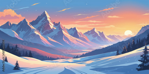 A beautiful winter mountain landscape at sunset with snow-covered peaks, high hills, and stunning clouds in the sky