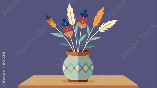 A handpainted ceramic vase filled with wildflowers and feathers sits on a wooden side table.
