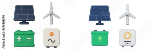 3D icon set of renewable energy sources including solar panel, wind turbine, rechargeable battery, and power inverter for sustainable electricity generation