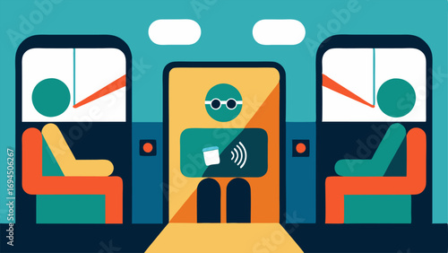 Audiovisual Announcements A train interior where audiovisual systems give clear announcements about stops with visuals that depict a visually impaired passenger following along.