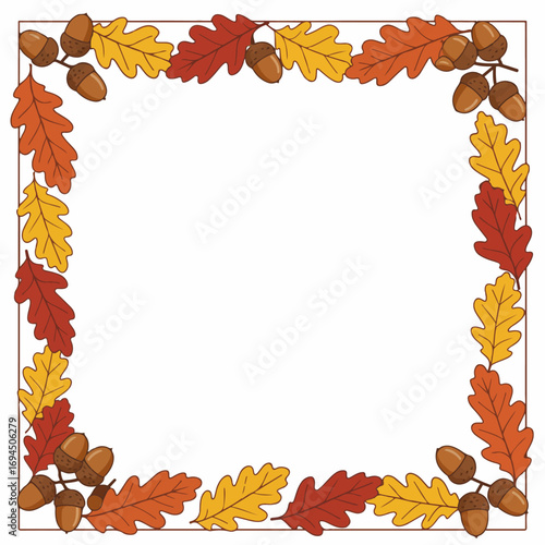 Autumnal border design with oak leaves and acorns.