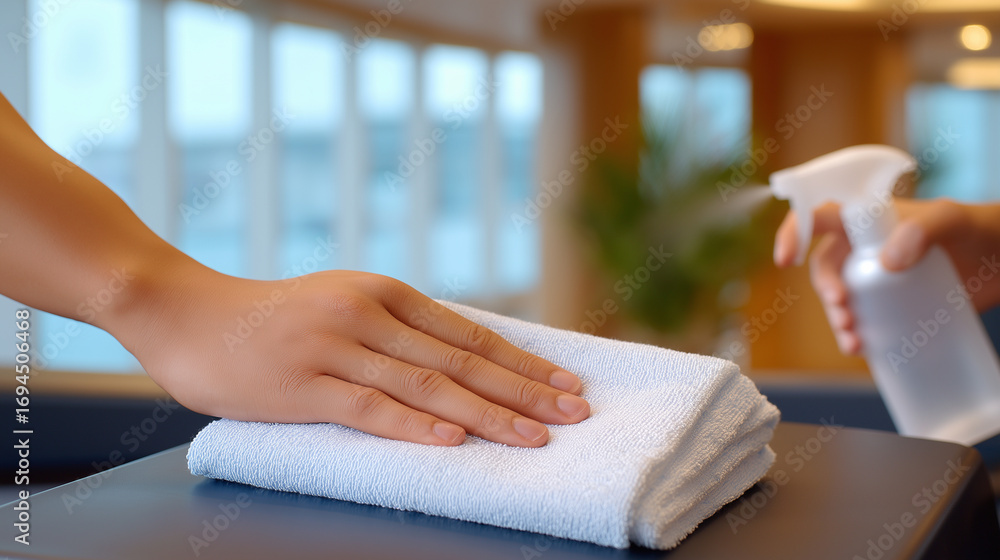 Fototapeta premium Gym Workout Hygiene: A person in a gym wiping down equipment with a disinfectant spray a towel and a modern fitness center setting. high quality photo ultra high detail 8K res