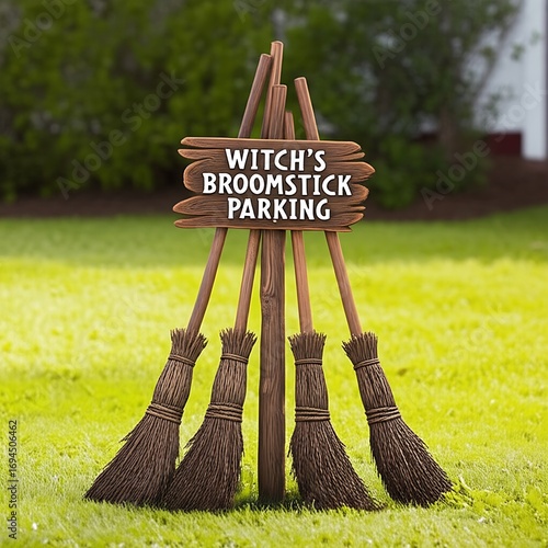 Whimsical witch broomstick parking sign adorns a garden lawn as a festive decoration, with multiple brooms artfully leaning against it, creating a magical autumn ambiance.