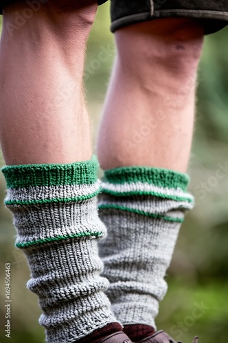 Traditional Bavarian wool leg warmers, known as Loferl, are expertly worn with authentic leather lederhosen for a classic alpine outfit.
