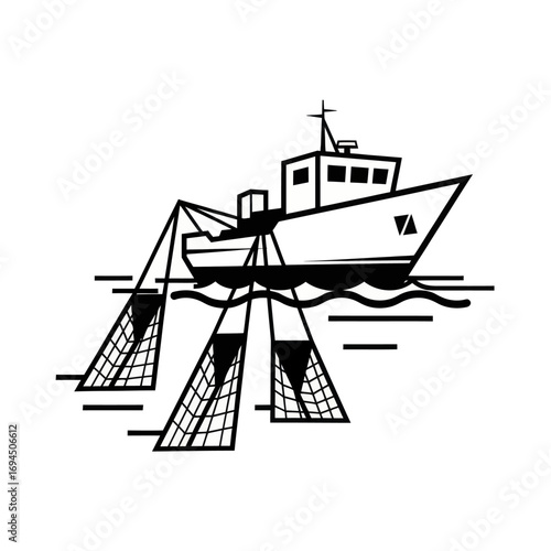 Fishing trawler boat with nets in ocean.