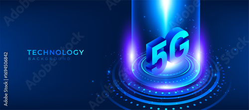 5G technology vector with a blue background and glowing digital light effects and a futuristic design. High-speed internet, communication network, and wireless connectivity concept. Banner.
