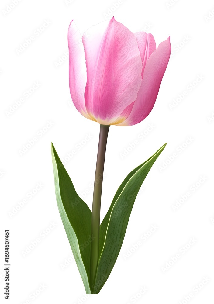 Fototapeta premium Watercolor pink tulip flower with stem and leaves,