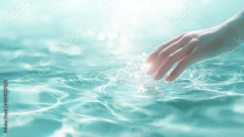Close-up of hand touching water,natural background,beauty fashion,commercial,copy space
