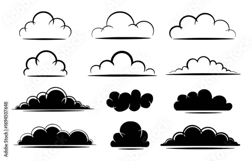 Collection of stylized cloud illustrations in black and white