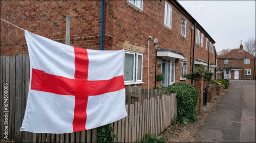 England St George’s Cross flag displayed in a traditional UK residential street. Generative ai