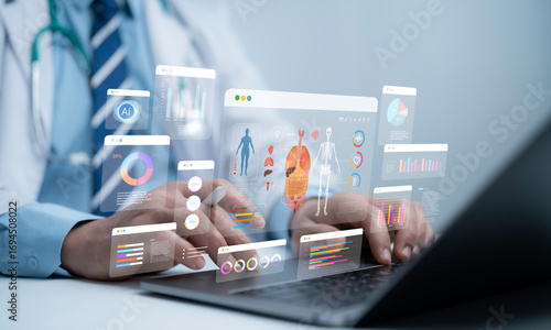 Doctor using AI technology to analyze human body health data with futuristic medical charts and digital interface, representing innovation in healthcare, hospital research and artificial intelligence