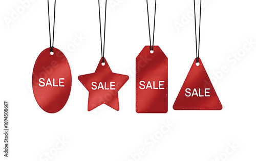 A collection of hanging red sale tags in various geometric shapes for retail promotions