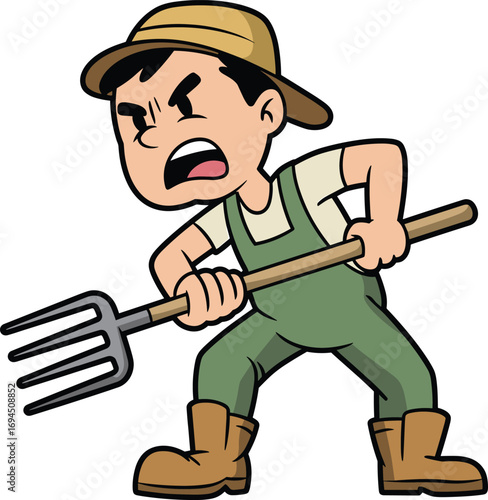 Angry cartoon farmer, pitchfork character, vector illustration, rural worker, shouting man, farm scene, emotional pose, stock image, agriculture art, comic style