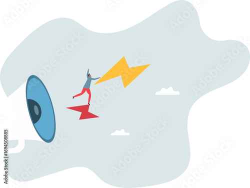 Business shout out, speaking out loud to communicate with co-worker or draw attention and announce promotion.about a man and his life.