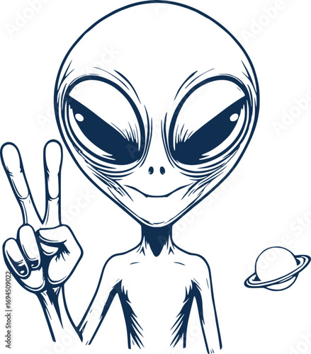 Alien Peace Gesture with Saturn Planet
