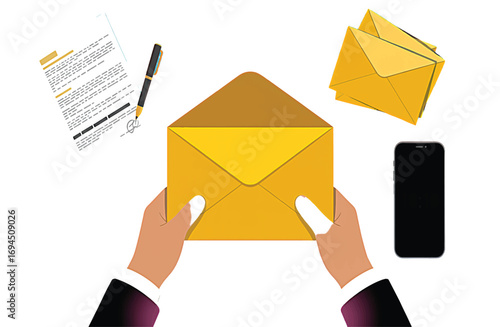 Business communication concept with hands holding an open envelope above a desk with a letter and smartphone