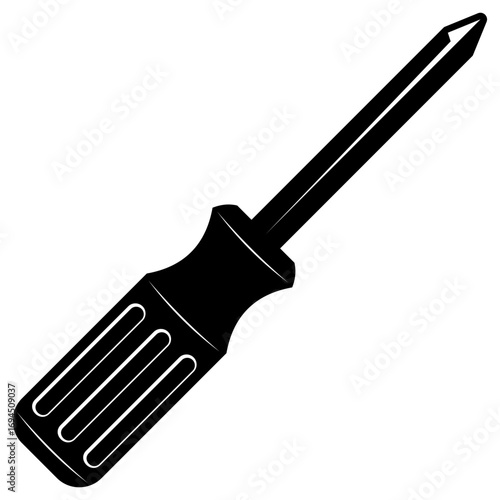 Vector illustration of a screwdriver hand tool in flat cartoon silhouette style, isolated on white background. For icons, symbols, repair tools, hardware, maintenance, DIY, logo, and graphic design