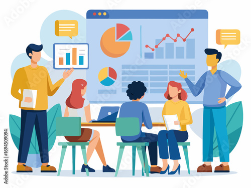 Group of young professionals attending business training session with graphs and data board
