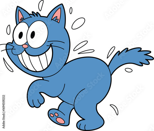 Cartoon blue cat, running pose, big eyes, toothy smile, pink ears, playful character, vector illustration, motion lines, energetic animal design