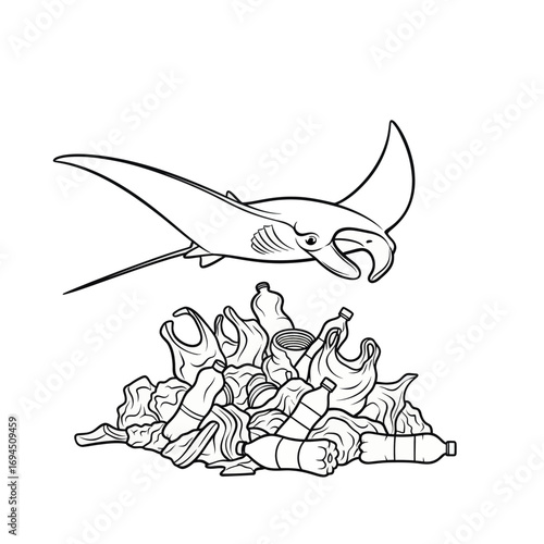 Oceanic Manta Ray Encountering Plastic Waste.