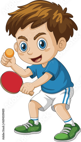 Cartoon boy playing table tennis, ping pong paddle, sports character illustration, active child athlete, vector art, isolated on black background