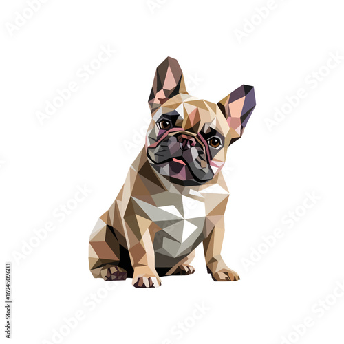 Colorful geometric representation of a French Bulldog in a playful pose, showcasing vibrant angles and forms