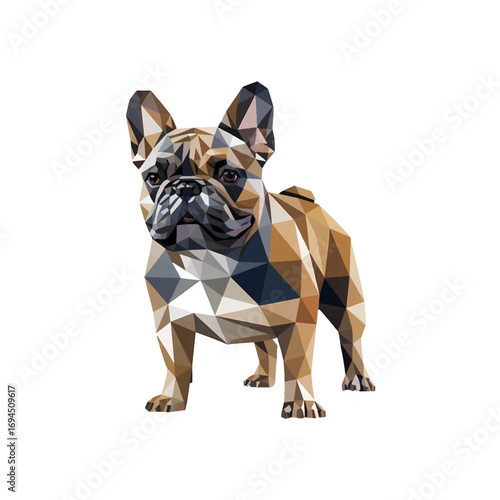 Colorful geometric representation of a French Bulldog in a playful pose, showcasing vibrant angles and forms