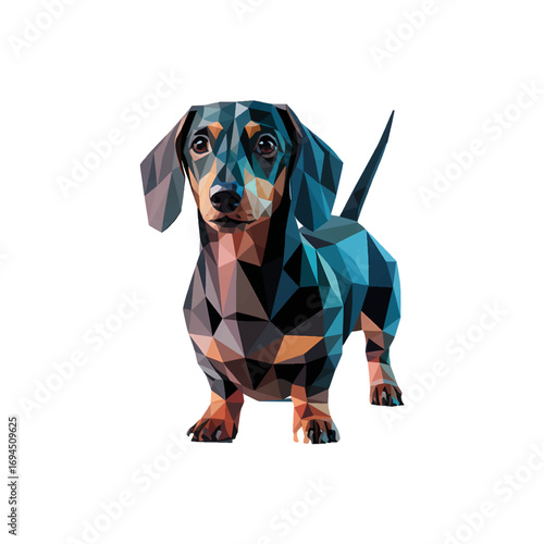Colorful low poly illustration of a dachshund standing in a vibrant geometric style