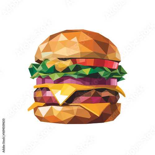 Juicy polygonal burger with fresh ingredients and vibrant colors on a white background