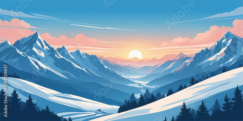 Panoramic alpine landscape with snow-covered peaks, a perfect winter sunset, and high, rocky mountains