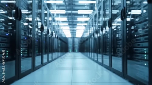 A Dedicated Data Center: Inside the Modern Infrastructure of Cloud Computing, Showcasing Rows of Servers and High-Tech Equipment in a Dimly Lit Environment