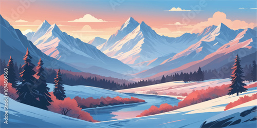 A scenic winter mountain landscape with a serene lake reflecting the sky, snow, and clouds at sunset
