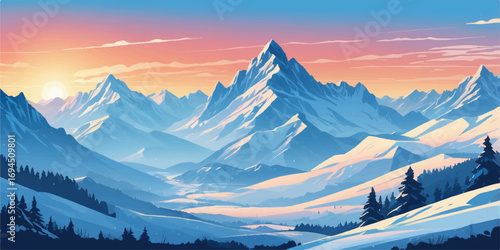 Sunrise on a snow-covered mountain peak with a panoramic view of the alpine landscape