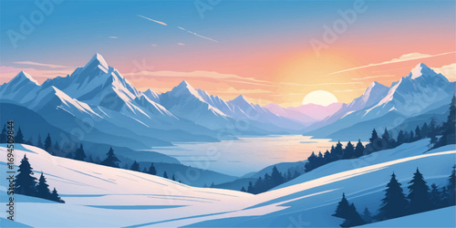 White snowy mountain peaks and alpine forest in a cold winter landscape