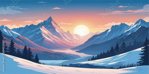 A beautiful alpine landscape with snow-covered mountain peaks under a panoramic sky