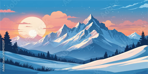 Panoramic view of snow-covered mountains, a stunning alpine winter landscape with a fiery sunset sky